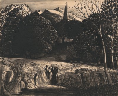 Campo de maíz y iglesia a la luz de la luna de Samuel Palmer